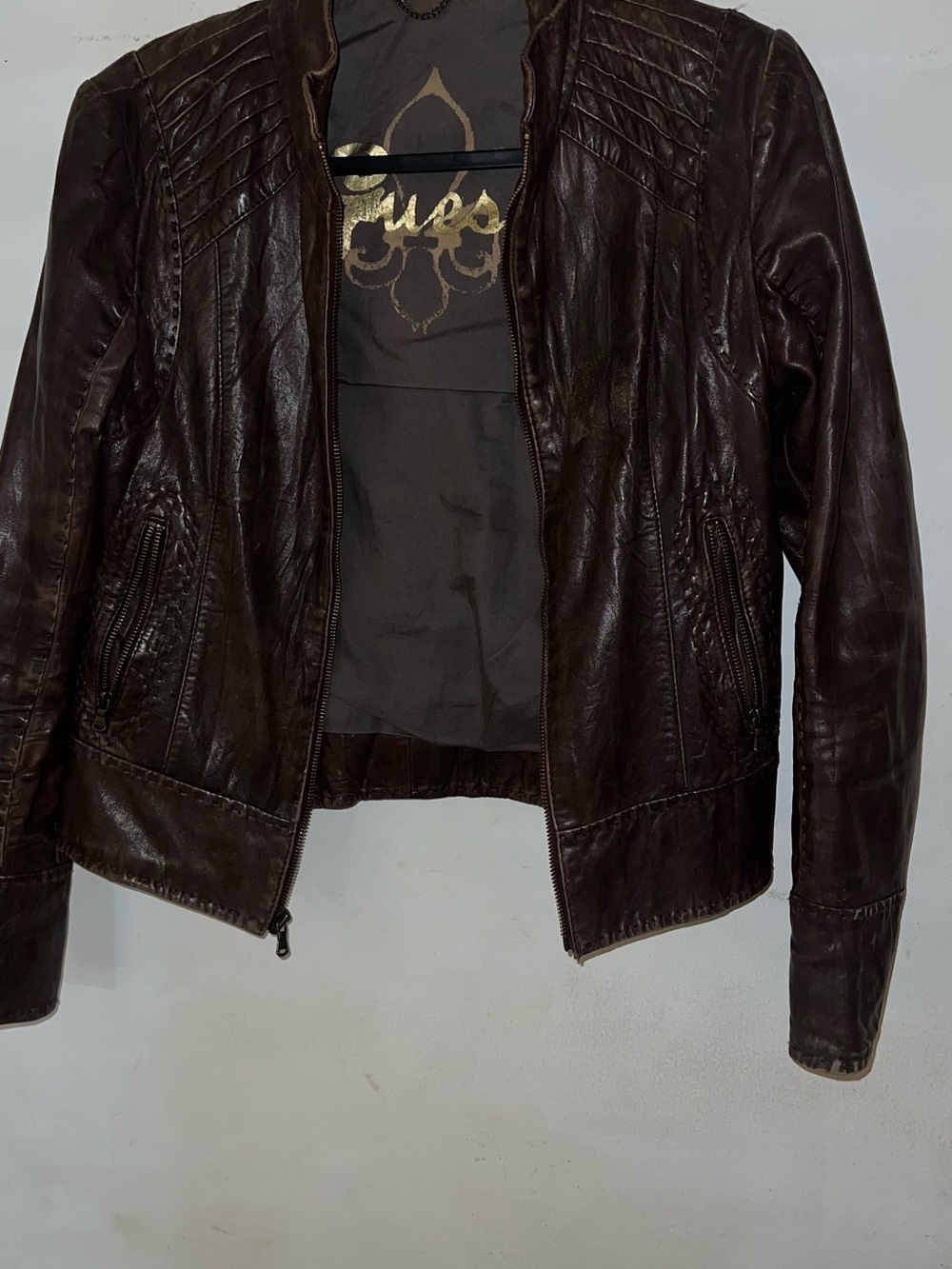 Guess Dark Brown Leather Moto Jacket
